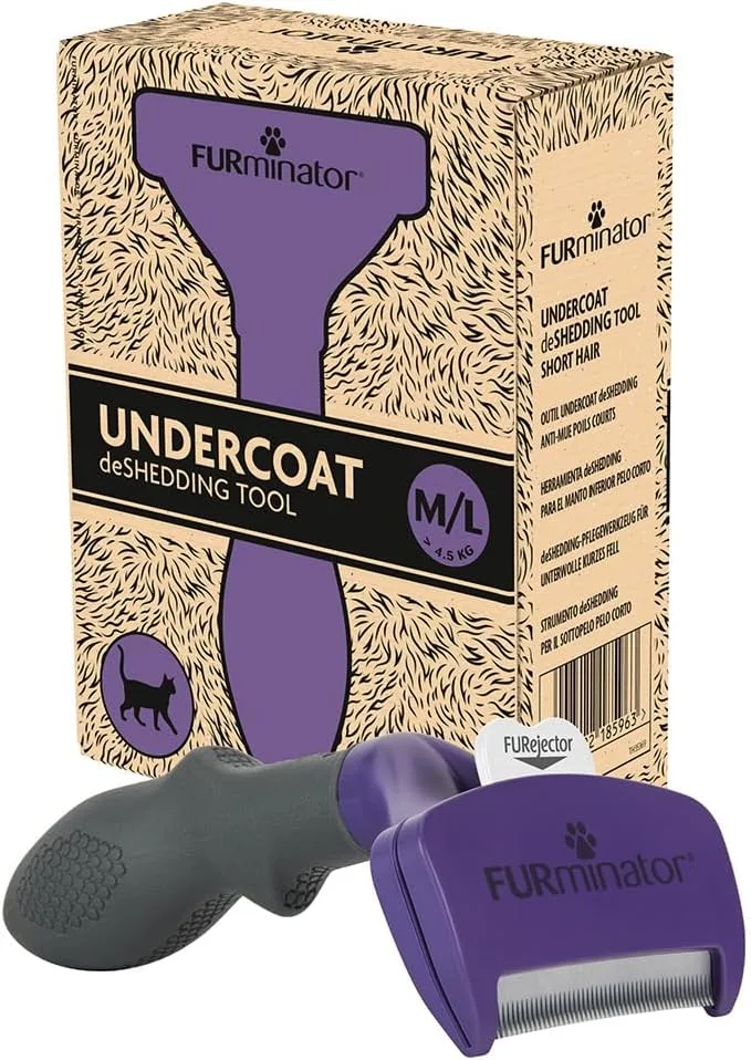 FURminator ▫️ deShedding, Escova para gatos de tamanho médio/grande com pêlo curto, M/L | Remoção do subpêlo | Remoção do pêlo solto | Skin Guard | Cabo ergonómico e antiderrapante | Embalagem reciclável