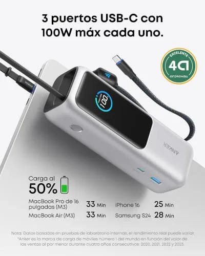 Anker ▫️ Power Bank Zolo de 25 000 mAh e 165 W com três portas USB-C 2