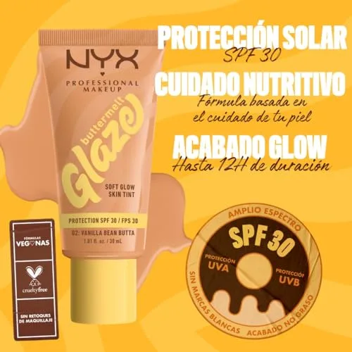 NYX PROFESSIONAL MAKEUP ▫️ Base de Maquilhagem Iluminadora Buttermelt Glaze, Acabamento Natural e 12 horas de duração, com FPS 30, para todos os tipos de pele, Tom: 02 Vanilla Bean Butta 4