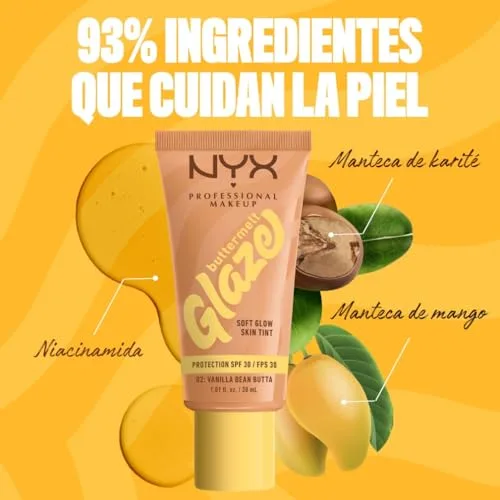 NYX PROFESSIONAL MAKEUP ▫️ Base de Maquilhagem Iluminadora Buttermelt Glaze, Acabamento Natural e 12 horas de duração, com FPS 30, para todos os tipos de pele, Tom: 02 Vanilla Bean Butta 5