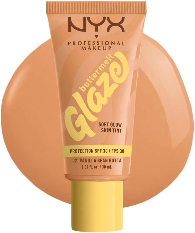 NYX PROFESSIONAL MAKEUP ▫️ Base de Maquilhagem Iluminadora Buttermelt Glaze, Acabamento Natural e 12 horas de duração, com FPS 30, para todos os tipos de pele, Tom: 02 Vanilla Bean Butta