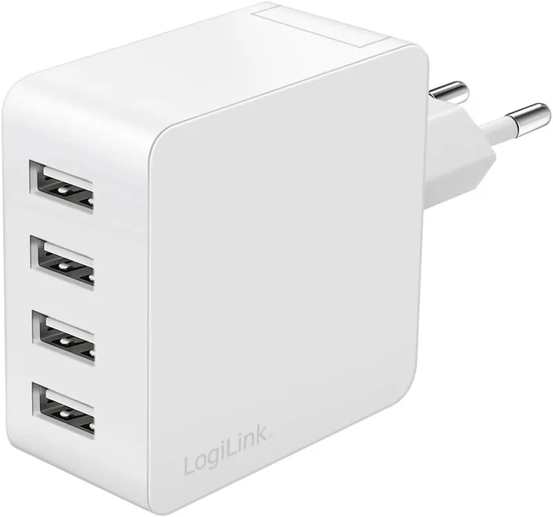 LogiLink ▫️ PA0336W - Adaptador USB de carregamento/tomada elétrica, 4 portas USB-A, 24 W, com 5 tomadas com proteção