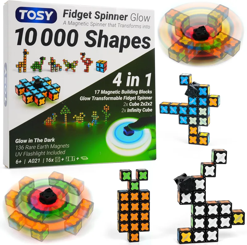 TOSY ▫️ Magnet Fidget Spinner Glow - 16 peças: Spinner transformável, Cubo Infinito e quebra-cabeças magnético, luminoso, presente de aniversário para crianças e adultos, brinquedo sensorial STEM