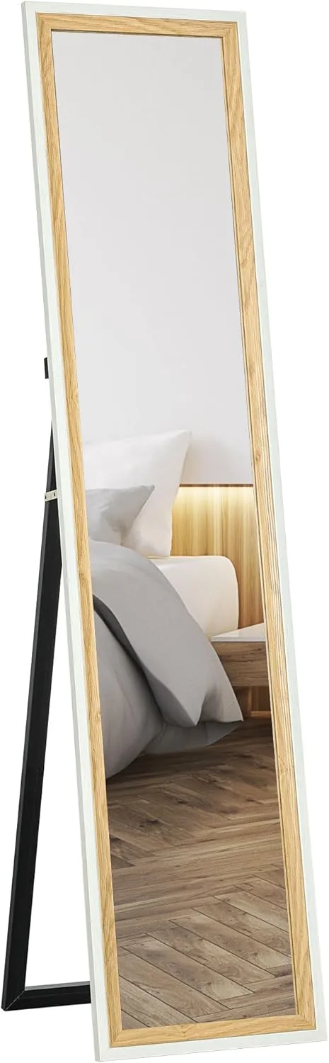HOMCOM ▫️ Espelho de corpo inteiro independente 157x37 cm, espelho de parede grande com moldura bicolor, independente, inclinado ou suspenso, para sala de estar, quarto, corredor, hall de entrada, branco e natural escuro