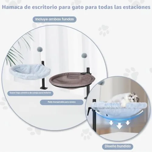 Odoland ▫️ Cama para gatos para secretária, rede ajustável com rotação de 360°, cama confortável e macia para gatos para secretária, com 2 tecidos laváveis para todas as estações (cinzento) 2