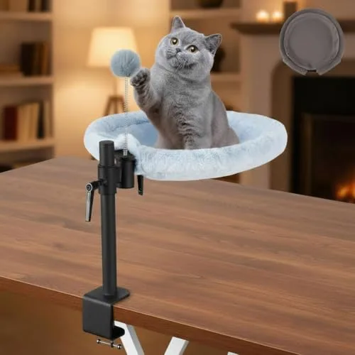 Odoland ▫️ Cama para gatos para secretária, rede ajustável com rotação de 360°, cama confortável e macia para gatos para secretária, com 2 tecidos laváveis para todas as estações (cinzento) 6