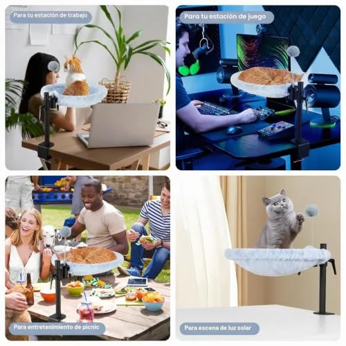 Odoland ▫️ Cama para gatos para secretária, rede ajustável com rotação de 360°, cama confortável e macia para gatos para secretária, com 2 tecidos laváveis para todas as estações (cinzento) 7