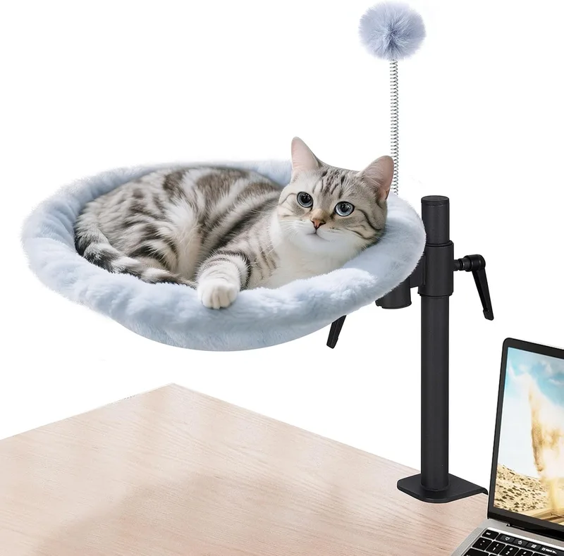 Odoland ▫️ Cama para gatos para secretária, rede ajustável com rotação de 360°, cama confortável e macia para gatos para secretária, com 2 tecidos laváveis para todas as estações (cinzento)