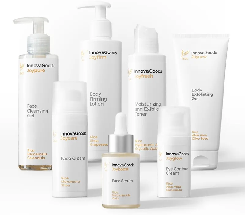 InnovaGoods ▫️ Conjunto de rotina facial e corporal com arroz ®, ingredientes naturais, embalagem ideal de 7 peças, hidrata e ilumina, indicado para todos os tipos de pele.