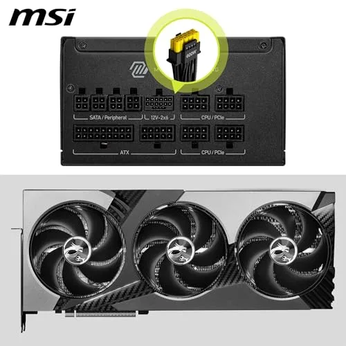 MSI ▫️ mag A1000GLS PCIE5, Fonte de alimentação, 1000 W, 80 Plus Gold, ATX 3.1, Compatível com GPU PCIe 5.1, 12V-2x6 nativo, Conector 12V-2x6 bicolor, Fonte de alimentação ATX, Cabos revestidos 4