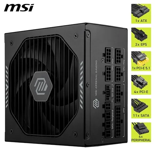 MSI ▫️ mag A1000GLS PCIE5, Fonte de alimentação, 1000 W, 80 Plus Gold, ATX 3.1, Compatível com GPU PCIe 5.1, 12V-2x6 nativo, Conector 12V-2x6 bicolor, Fonte de alimentação ATX, Cabos revestidos 5