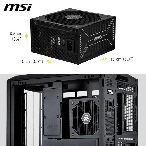 MSI ▫️ mag A1000GLS PCIE5, Fonte de alimentação, 1000 W, 80 Plus Gold, ATX 3.1, Compatível com GPU PCIe 5.1, 12V-2x6 nativo, Conector 12V-2x6 bicolor, Fonte de alimentação ATX, Cabos revestidos 6