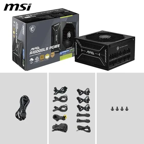 MSI ▫️ mag A1000GLS PCIE5, Fonte de alimentação, 1000 W, 80 Plus Gold, ATX 3.1, Compatível com GPU PCIe 5.1, 12V-2x6 nativo, Conector 12V-2x6 bicolor, Fonte de alimentação ATX, Cabos revestidos 7