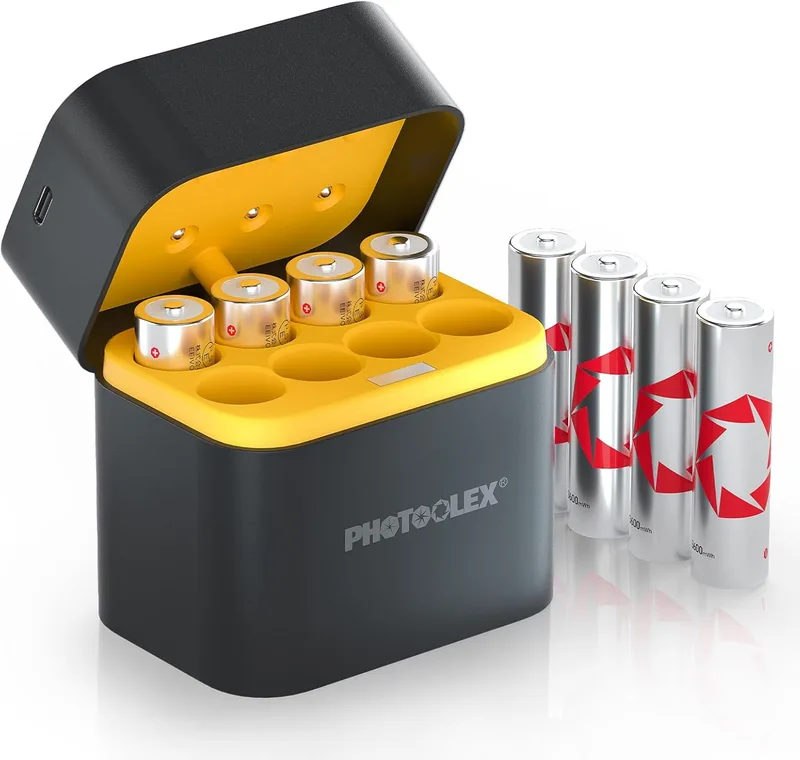 PHOTOOLEX ▫️ Baterias de lítio AA recarregáveis com carregador, pack de saída constante com capacidade de 3600mWh e baterias AA de 1,5V com descarga de 3A, com caixa de armazenamento de carga integrada para câmara de flash blink