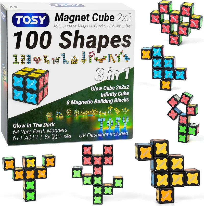 TOSY ▫️ Magnet Cube 2x2 - 8 blocos, brinquedo 2 em 1: quebra-cabeças magnético e cubo infinito personalizável, brilha com luz UV, lanterna UV incluída, presente de aniversário, brinquedo sensorial/STEM
