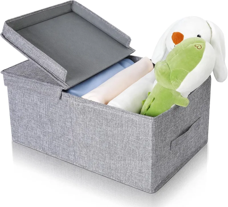 Cozary ▫️ Caixa de arrumação com tampa - Design dobrável, capacidade 29L, dobrável e empilhável, ideal para roupa e acessórios - Cinzento - 48x29x21cm