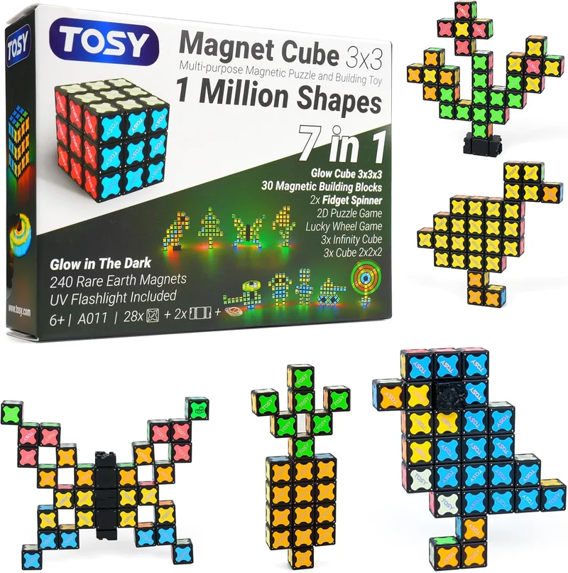 TOSY ▫️ Magnet Cube 3x3 - 30 blocos, multifunções: blocos criativos, fidget spinner transformável, quebra-cabeças magnético/cubo infinito, presente de aniversário, brinquedo STEM luminoso