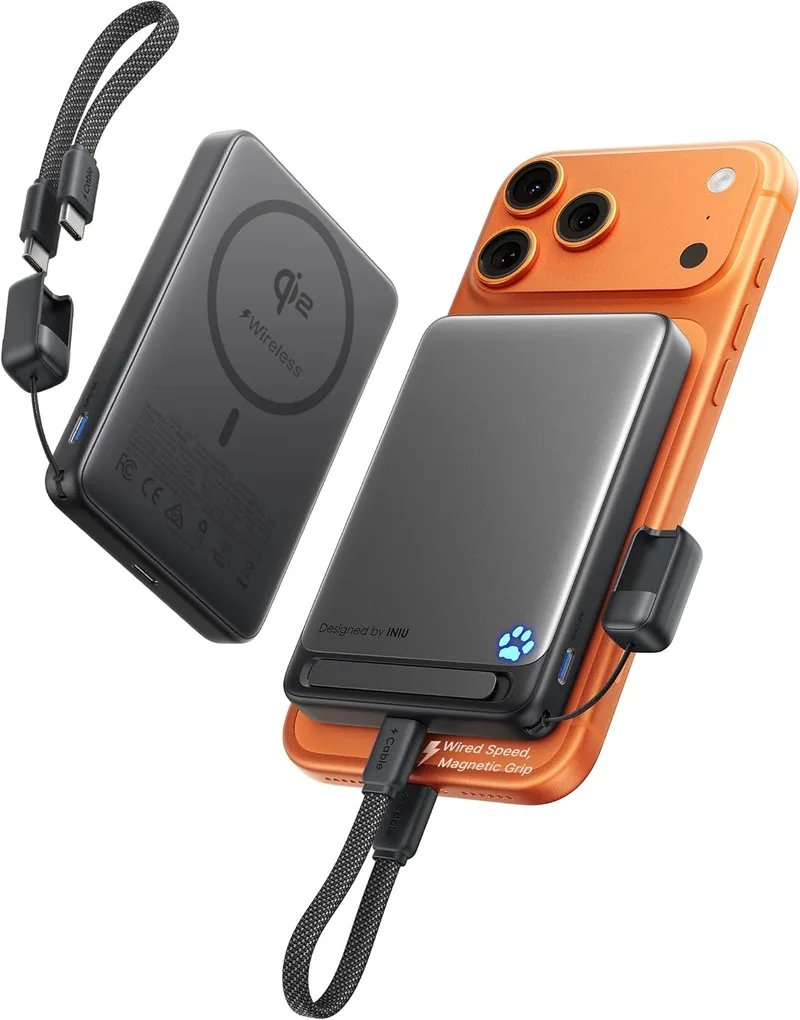 INIU ▫️ Banco de potência para MagSafe, carregamento rápido sem fios Qi2 com certificação original, 10000mAh 45W ultrafino com cabo USB-C e suporte, bateria de viagem magnética TSA, compatível com iPhone 12-17