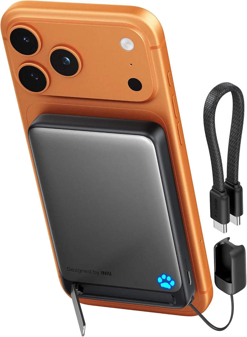 INIU ▫️ Ultrafino Power Bank de 10 000 mAh para MagSafe, Certificado Qi2 Original, Carregamento Rápido Sem Fios, 45 W com Cabo USB-C e Suporte, Bateria Magnética de Viagem TSA, Compatível com a Série iPhone 17-12