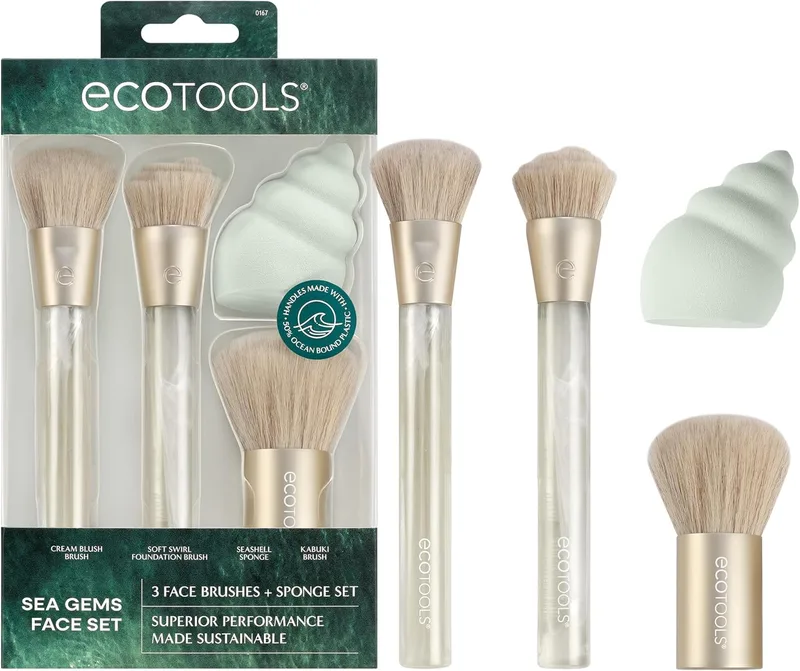 ECOTOOLS ▫️ Conjunto de 4 peças de pincéis e esponjas de maquilhagem facial Sea Gems, pincéis de maquilhagem e esponja de maquilhagem ecológicos, para base, blush, contorno e pó fixador, plástico reciclado, ferramentas sem crueldade