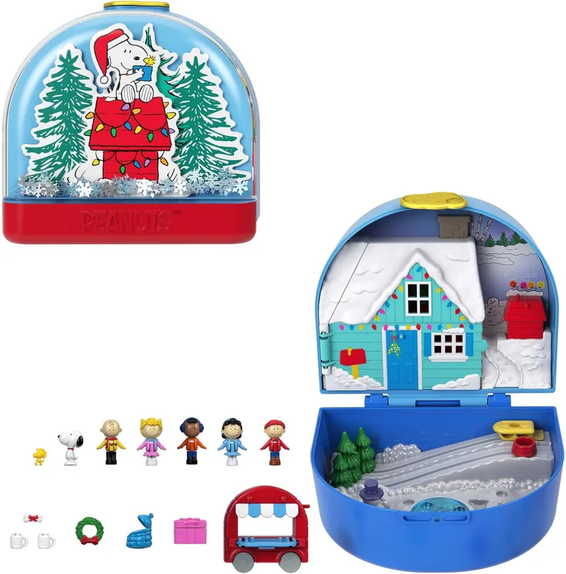 Polly Pocket ▫️ Caixa de coleção x Peanuts, conjunto para brincar e mini bonecas, 7 acessórios temáticos, 4 locais emblemáticos, Snoopy e Emilio, JFV05