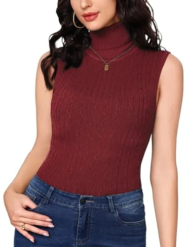 Totatuit ▫️ Camisola de malha para mulher, gola alta, sem mangas, em jersey 3