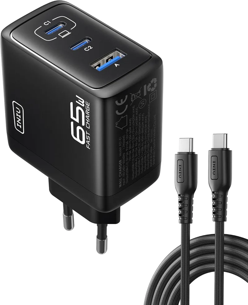 INIU ▫️ Carregador USB-C GAN 65 W, Carregador Rápido Compacto de 3 Portas com Cabo USB-C de 100 W e 1,5 m, Carregador de viagem para portáteis MacBook Pro Air 14, iPhone 17, 16 Pro MAX, iPad, Samsung S26, S25 Ultra, Pixel