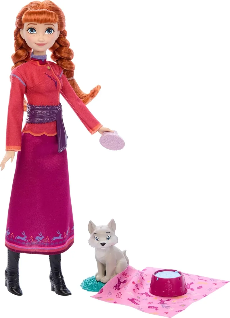 Mattel ▫️ Boneca de moda Disney Frozen Anna e Wolverine com 4 acessórios, incluindo cama e cobertor para o animal, inspirada nos "Animais de Arendelle", JFG17