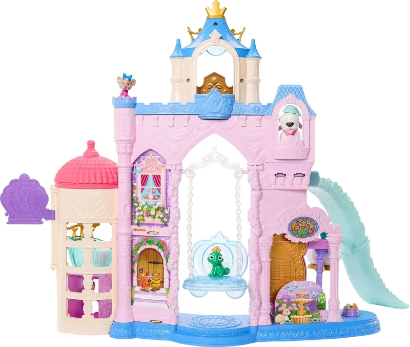 Mattel ▫️ Princesas da Disney Palácio dos Animais de Estimação Conjunto de brincar com 7 zonas de brincar, 3 animais de estimação, mobiliário e 17 acessórios, com mais de 65 cm de altura, inspirado nos filmes, JBF96