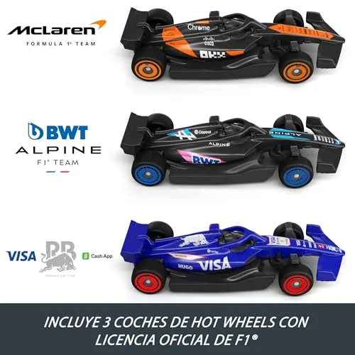 Hot Wheels ▫️ Conjunto de pista com carros de brincar, 3 veículos metálicos de Fórmula 1 à escala 1:64: McLaren F1 Team, Alpine e VCARB, Circuito de corridas de alta velocidade um contra um, JDY15 3