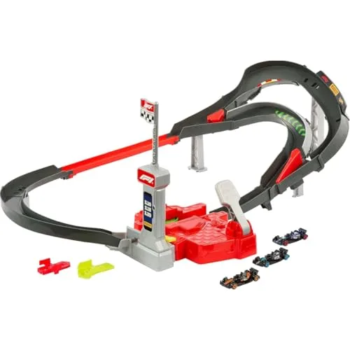 Hot Wheels ▫️ Conjunto de pista com carros de brincar, 3 veículos metálicos de Fórmula 1 à escala 1:64: McLaren F1 Team, Alpine e VCARB, Circuito de corridas de alta velocidade um contra um, JDY15 4