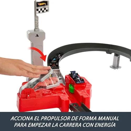 Hot Wheels ▫️ Conjunto de pista com carros de brincar, 3 veículos metálicos de Fórmula 1 à escala 1:64: McLaren F1 Team, Alpine e VCARB, Circuito de corridas de alta velocidade um contra um, JDY15 5