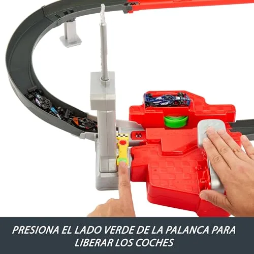 Hot Wheels ▫️ Conjunto de pista com carros de brincar, 3 veículos metálicos de Fórmula 1 à escala 1:64: McLaren F1 Team, Alpine e VCARB, Circuito de corridas de alta velocidade um contra um, JDY15 6