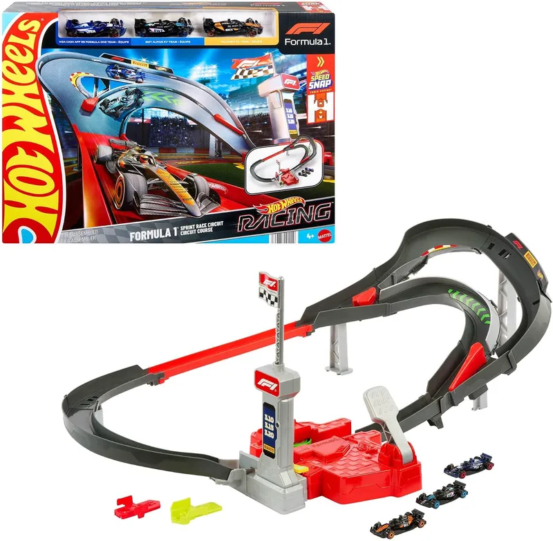 Hot Wheels ▫️ Conjunto de pista com carros de brincar, 3 veículos metálicos de Fórmula 1 à escala 1:64: McLaren F1 Team, Alpine e VCARB, Circuito de corridas de alta velocidade um contra um, JDY15