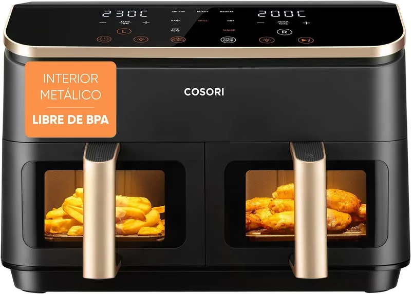 Cosori ▫️ Fritadeira de ar quente Grande de 8,5 litros, com cesto duplo, janela de visualização, receitas na aplicação, multifunções 10 em 1, alta potência e 55% de eficiência, baixo nível de ruído, fácil de limpar