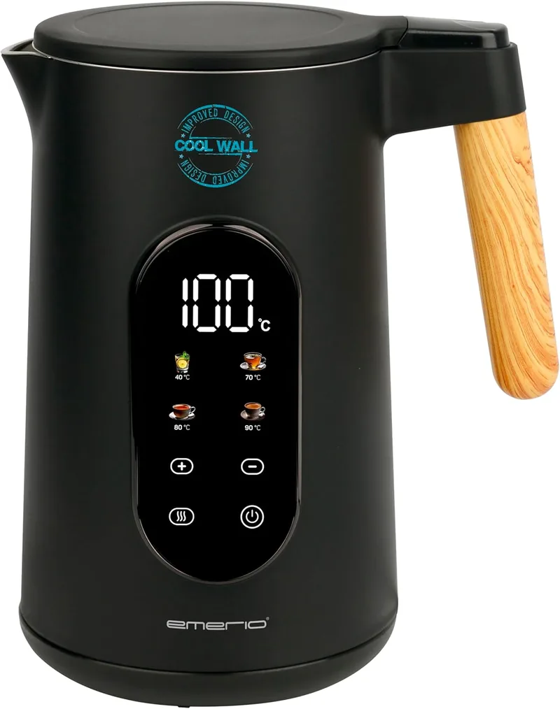 Emerio ▫️ WK-132230 Chaleira elétrica em aço inoxidável de 1,7 litros, parede dupla isolada, regulação da temperatura entre 40 e 100 °C em incrementos de 5 °C, ecrã com programa pré-definido para chá, 2200 W