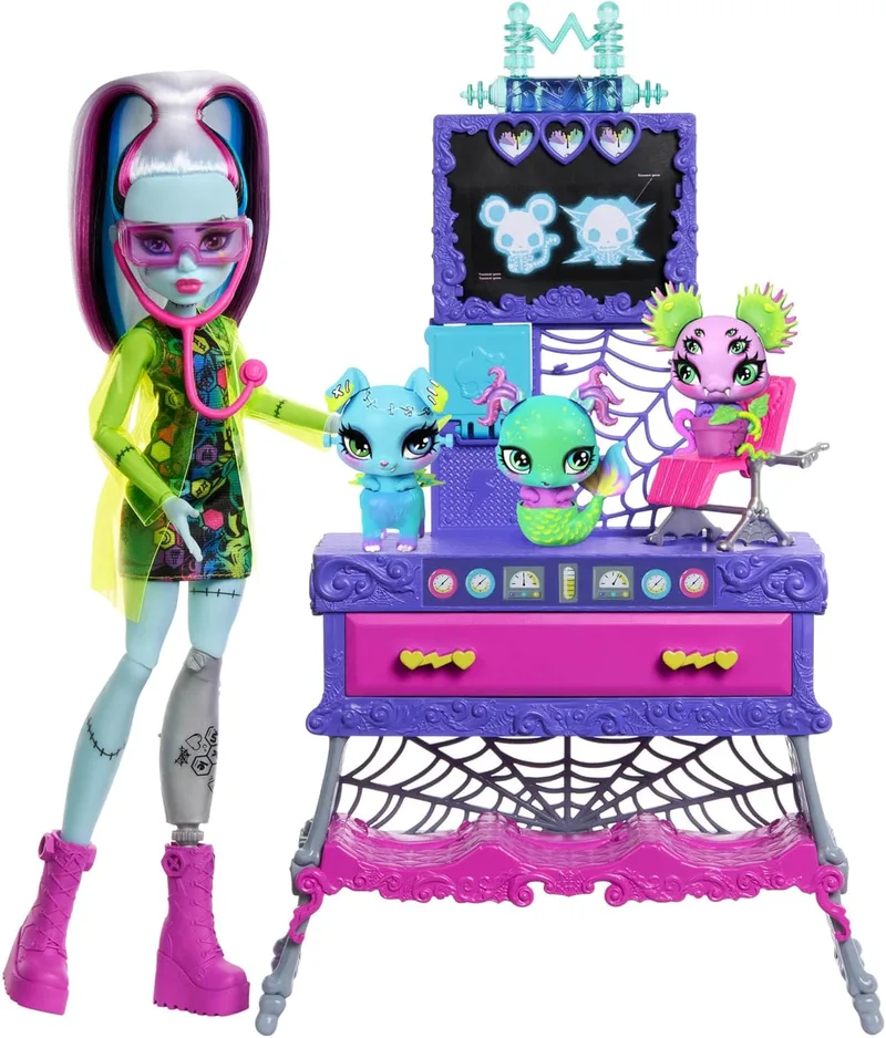 Monster High ▫️ Frankie Stein Cria o teu animal de estimação monstruoso Conjunto de brinquedos com boneca e mais de 30 acessórios para criares quantos animais de estimação quiseres, laboratório científico maluco, JBF18, Lila
