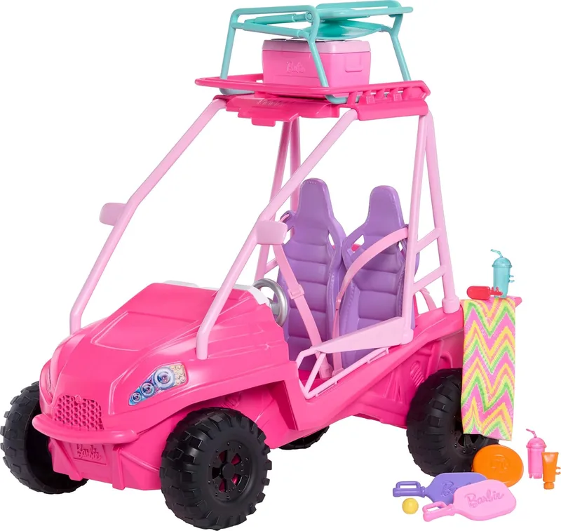Barbie ▫️ Mysteries: Conjunto de brinquedos «Detetives na Praia» | com um buggy de praia de brincar e mais de 10 acessórios, incluindo uma cadeira e uma toalha, JFV68