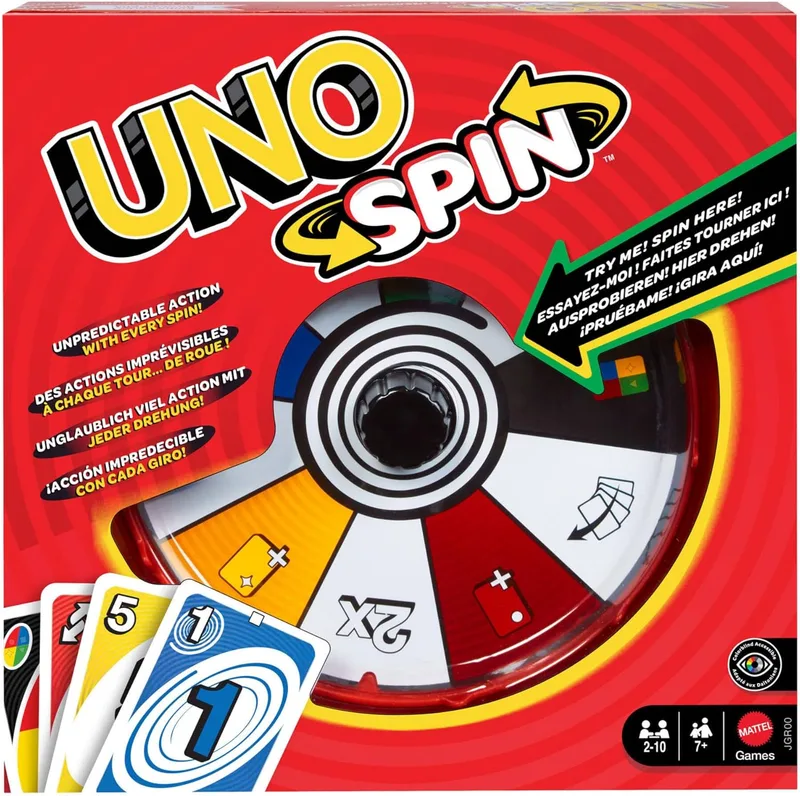 Mattel Games ▫️ UNO Spin Jogo de cartas para crianças, adultos e noites em família, jogo clássico com roleta e novas regras e desafios, atividade para dias de chuva, JGR00