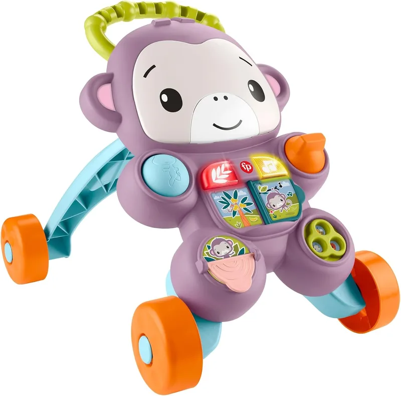 Fisher-Price ▫️ Andador de bebé roxo Macaco Andador de bebé Primeiros passos, brinquedo com música, luzes e actividades para bebés e crianças a partir dos 6 meses, JGW90
