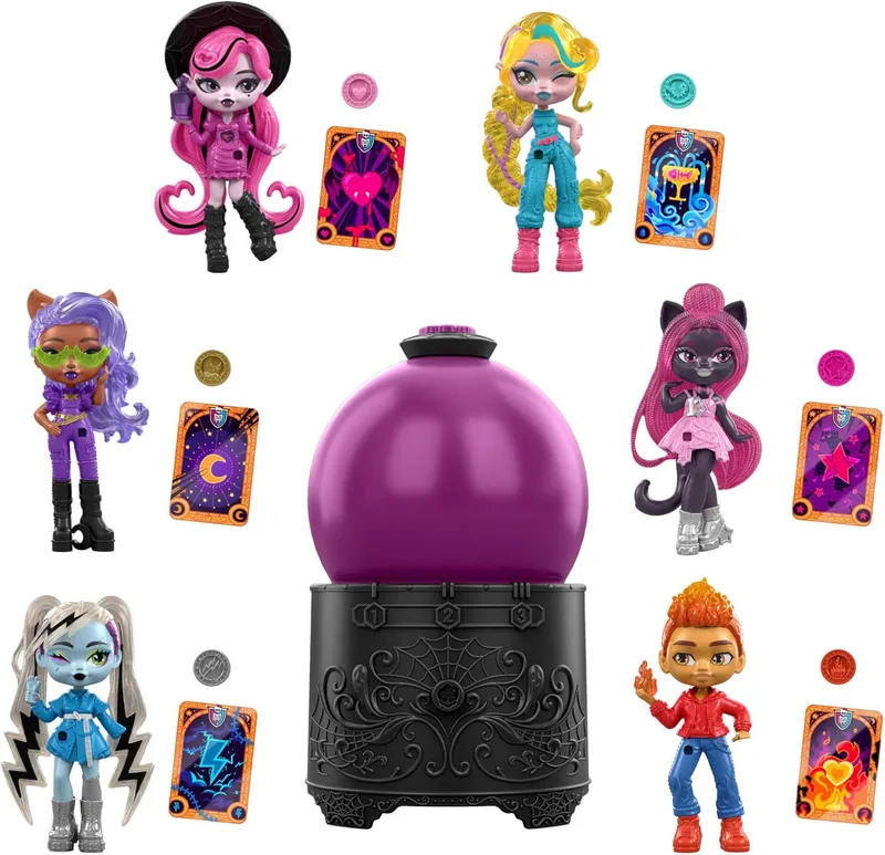 Monster High Potions Crystal Ball Mini-bonecas de 7,6 cm com revelação de água surpresa, ornamento e cartão da sorte (as personagens podem variar), JCX99