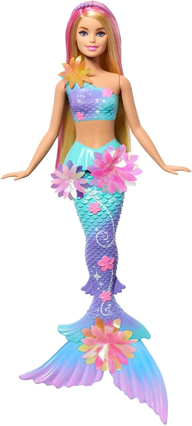 Boneca Barbie Sereia com flores mágicas a desabrochar, cauda com efeito gradiente, acessório de bandolete com pérolas e cabelo louro comprido com madeixas cor-de-rosa, JDM72