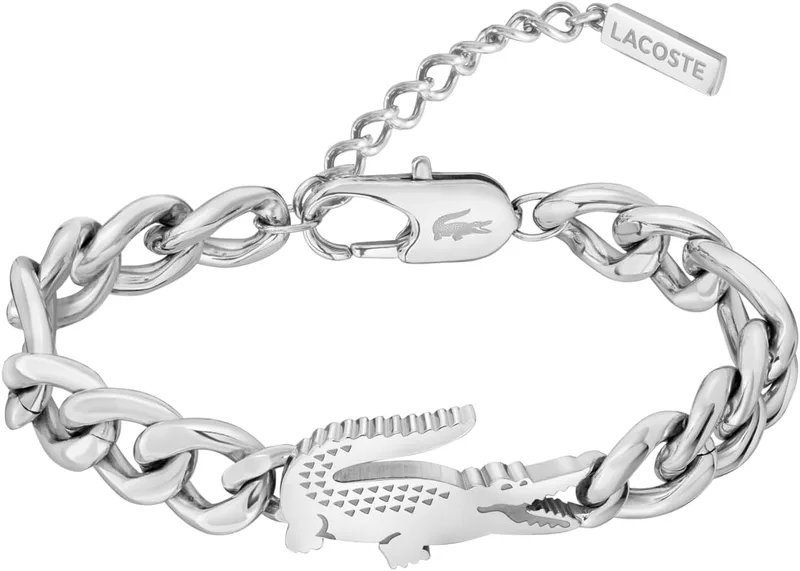 Pulseira Lacoste em corrente para homem e mulher da coleção CROCODILE em aço inoxidável com um emblema de crocodilo - Disponível em versão dourada ou prateada