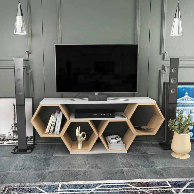Hanah Home ▫️ Suporte de TV elegante branco e Sonamo, 140 x 29,6 x 55,5 cm, painel de partículas 100% revestido a melamina, 18 mm de espessura, design moderno para sala de estar e sala de entretenimento