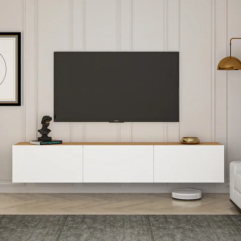 Hanah Home ▫️ Elegante suporte para televisão, 150 cm de largura, pinho branco e atlântico, 100% melamina, tabuleiro de aglomerado revestido a melamina, altura de 30 cm, profundidade de 32 cm, design moderno para salas de estar e