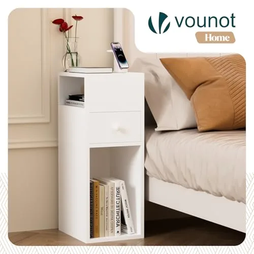 VOUNOT ▫️ ® Conjunto de 2 mesas de cabeceira estreitas com 2 compartimentos abertos e 1 gaveta, 25 x 30 x 66 cm, pequena mesa de cabeceira de estilo moderno, mesa auxiliar alta para quarto, sala de estar, branca 3