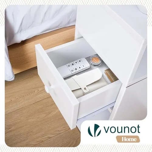VOUNOT ▫️ ® Conjunto de 2 mesas de cabeceira estreitas com 2 compartimentos abertos e 1 gaveta, 25 x 30 x 66 cm, pequena mesa de cabeceira de estilo moderno, mesa auxiliar alta para quarto, sala de estar, branca 4
