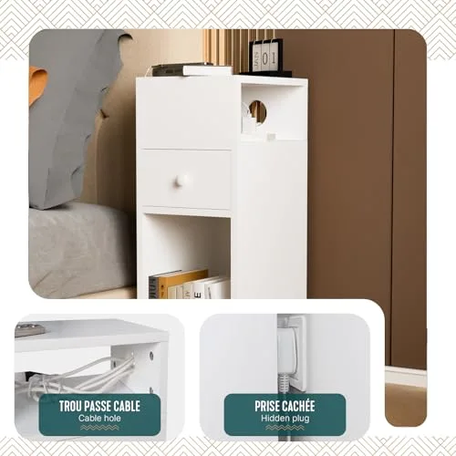 VOUNOT ▫️ ® Conjunto de 2 mesas de cabeceira estreitas com 2 compartimentos abertos e 1 gaveta, 25 x 30 x 66 cm, pequena mesa de cabeceira de estilo moderno, mesa auxiliar alta para quarto, sala de estar, branca 5