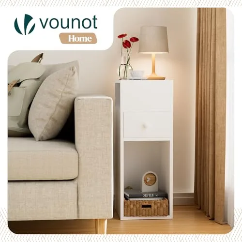 VOUNOT ▫️ ® Conjunto de 2 mesas de cabeceira estreitas com 2 compartimentos abertos e 1 gaveta, 25 x 30 x 66 cm, pequena mesa de cabeceira de estilo moderno, mesa auxiliar alta para quarto, sala de estar, branca 6