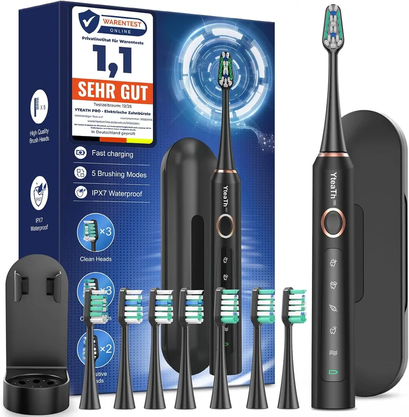 YTEATH PRO ▫️ Escova de dentes eléctrica sónica para adultos - Escova de dentes eléctrica sónica com 8 cabeças de escova e estojo de viagem, 5 modos, IPX7 à prova de água, escova de dentes eléctrica de viagem recarregável, preta